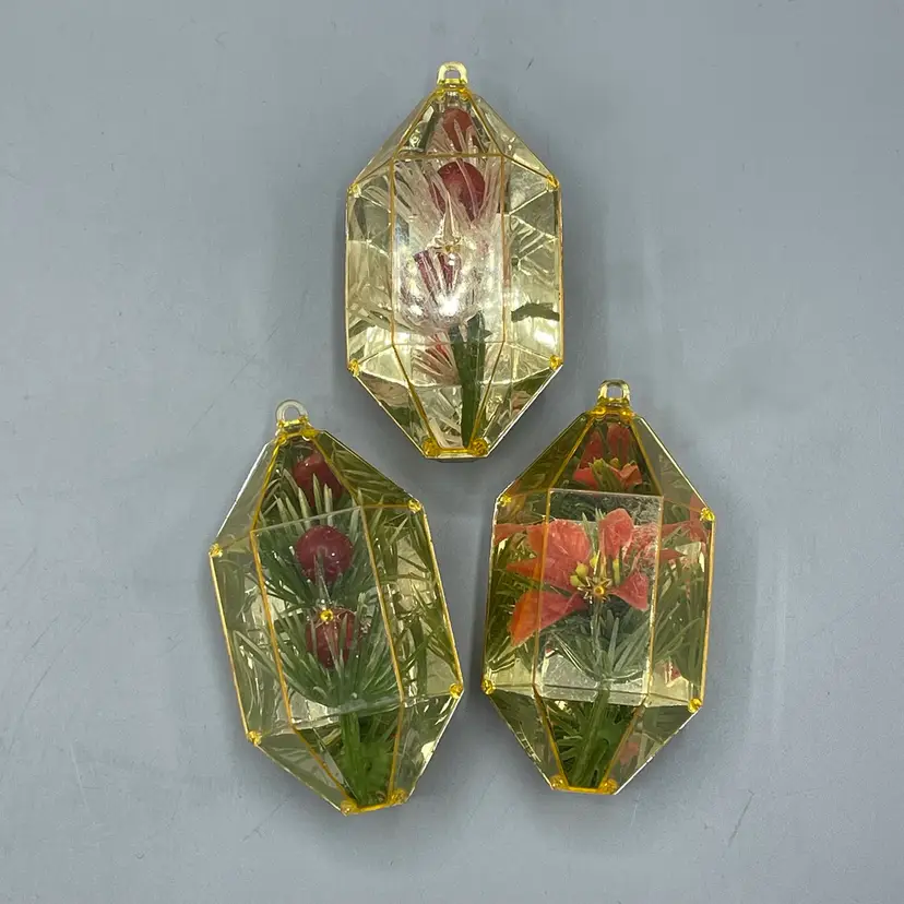 Set Of 3 Jewel Brite Plastic Ornaments With Faux Florals Inside