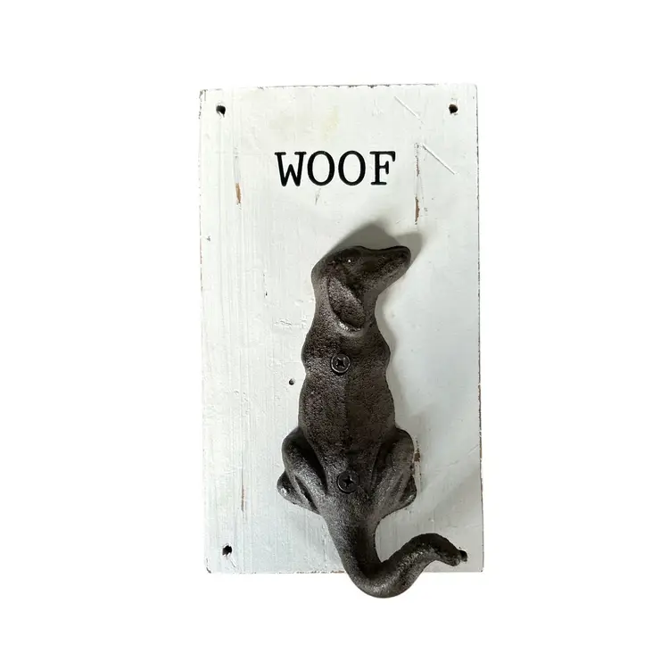 Mud Pie Pet Rustic Wood and Cast Iron Leash Hanger-Woof