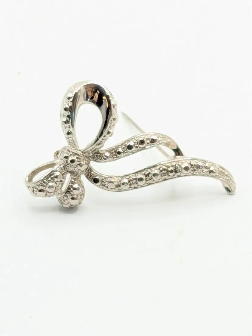 Vintage Marcasite Bow Brooch Pin Silver Tone