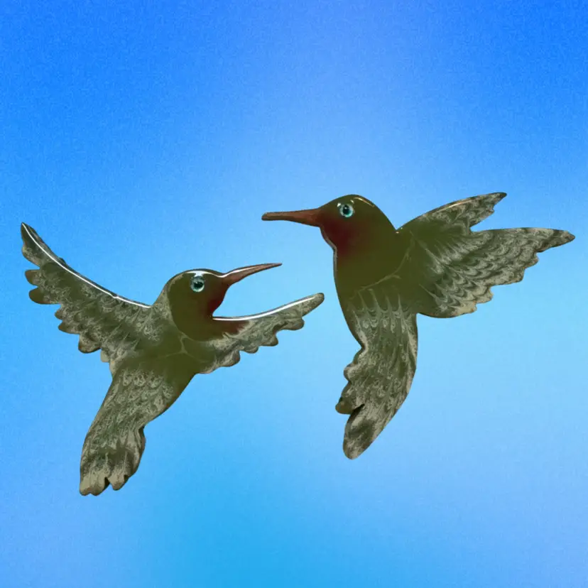 Set Of Two Hummingbirds 8” Across Painted With Acrylic And Epoxy On MDF With Teal Eyes