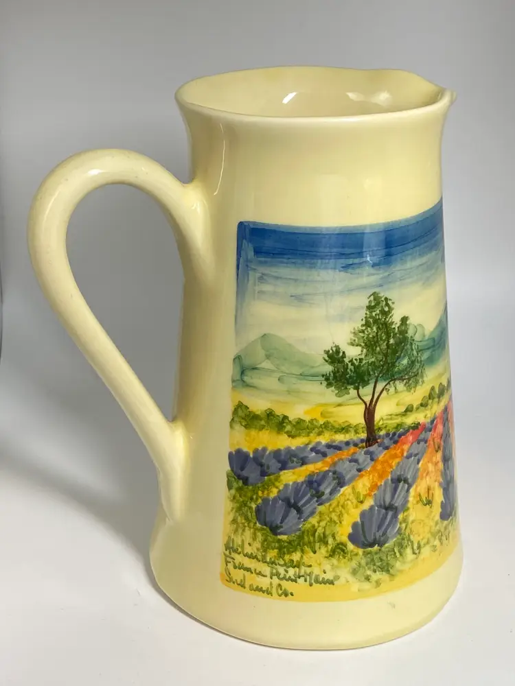 Vtg Hand Painted Ceramic Pitcher by Atelier du Sage Studio, A French Pottery, 7"