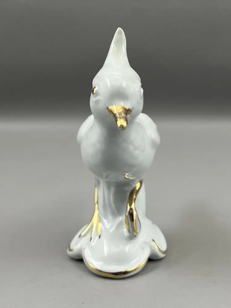 Vintage E&R Golden Crown Porcelain Bird Figurine White Gold 4.5" Germany Mid Century