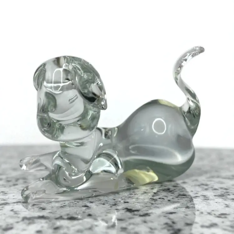 Clear Crystal Glass Puppy Dog Figurine Paperweight 4" long x 2.75" tall