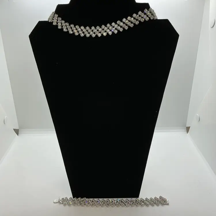 Vintage Silver Tone Statement Art Deco Rhinestone Choker Necklace & Bracelet Set