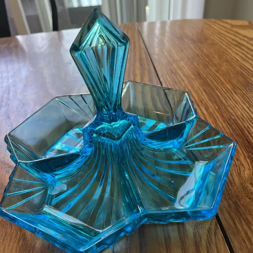 A Vintage Indiana Glass aqua blue Tiara Pyramid relish dish. Circa 1974-1975 8.5” Wide 7” Tall