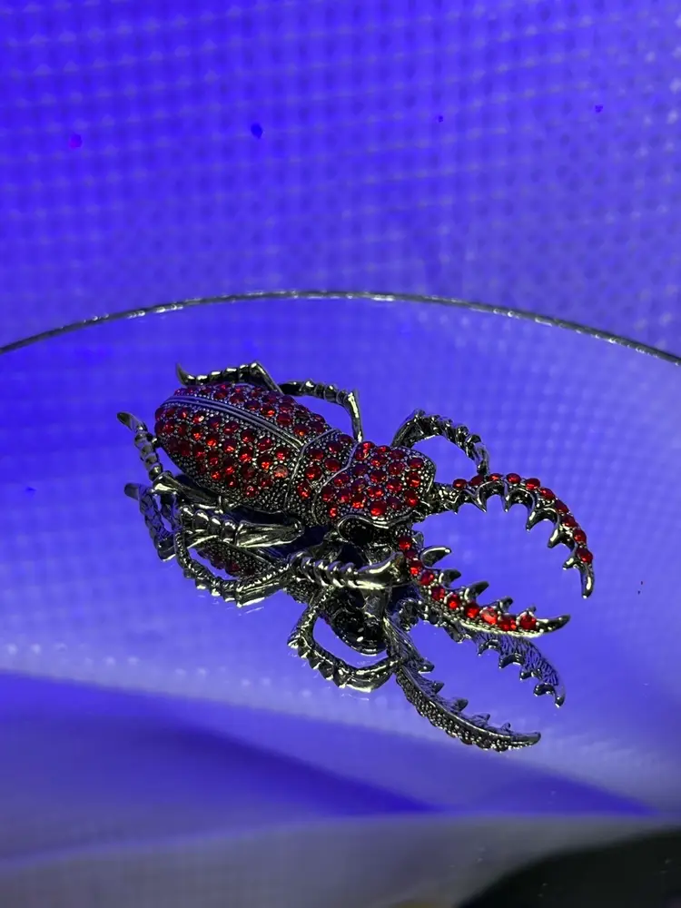 Red Rhinestone Beetle Bug Brooch Silver Tone Insect Statement Pin (Inv - #08)