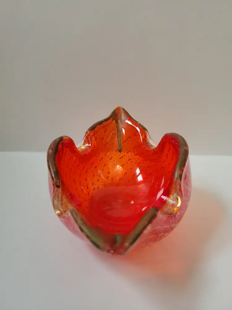 Vtg Murano Barovier Toso Ashtray Candy Bowl Red Glass Gold Silver Flecks Italy