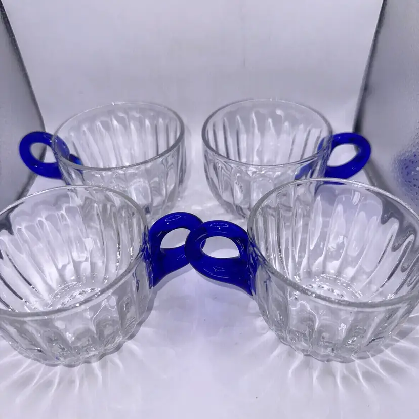 Vintage Discontinued Duncan & Miller Radiance Clear Blue Handle Punch Cup Set