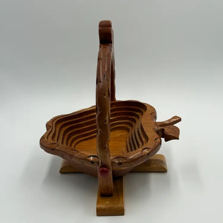Apple With Smiling Worm Collapsible Vintage Wood Fruit Basket Retro Country Farmhouse Decor