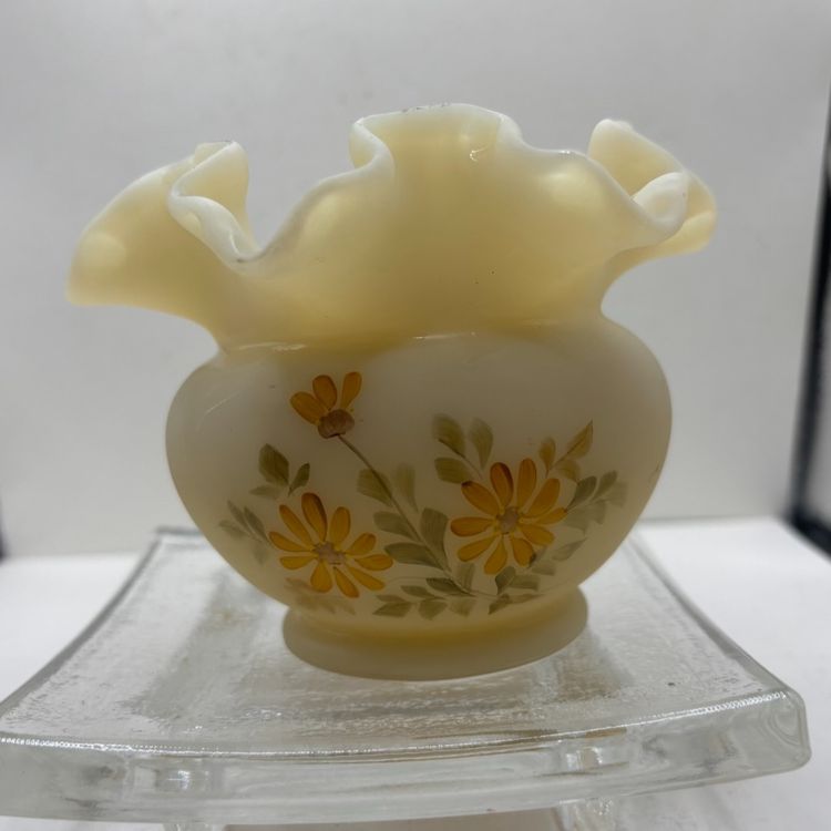 Vintage Fenton Satin Custard Hand painted Daisies On Cameo Ruffled Vase -Signed