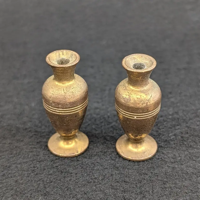 Vintage Pair of Brass Vases Dollhouse Miniatures Heavy Matching Trinket Shelf 1-3/8"