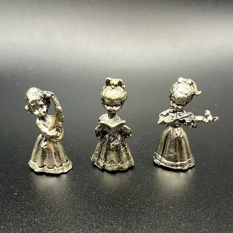 Vintage Miniature Pewter Girl Band Trio Set Violin Mandolin And Songbook