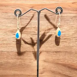 Vintage Mexico 950 Silver Blue Opal Teardrop Oval Hook Drop Earrings Stamped