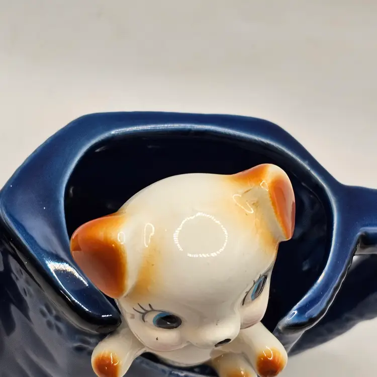 Ceramic kitschy puppy dog in watering can vintage Planter decor Japan