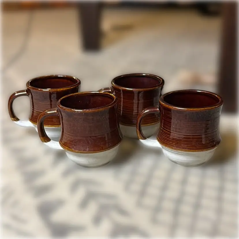 Set of Four Brown & Cream Vintage Stoneware Coffee Mugs - each mug is 4” tall and 3.5” in diameter