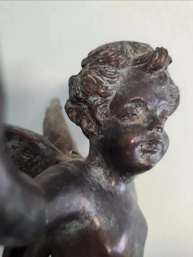 Antique Bronze Cherub Angel With Torch On Celestial Globe