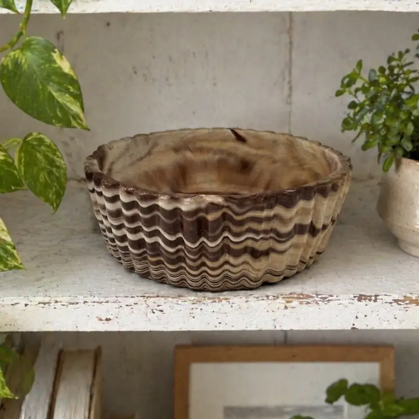 Signed Comanche Art Pottery Clay Bowl Succulent Planter Earth Toned Rib Swirl