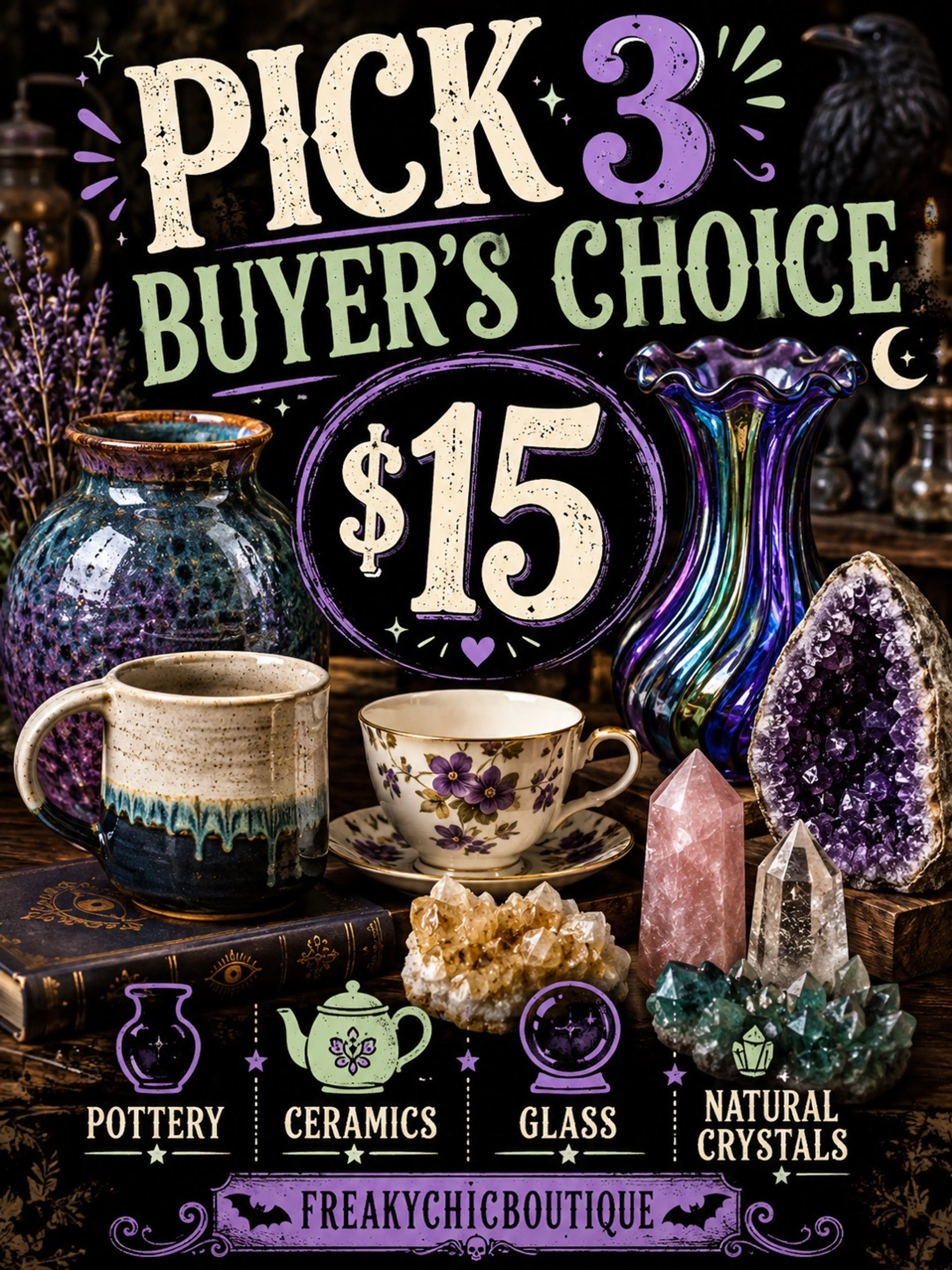 Pick 3 Buyers Choice! Glass, Pottery, Ceramics, Crystals. 