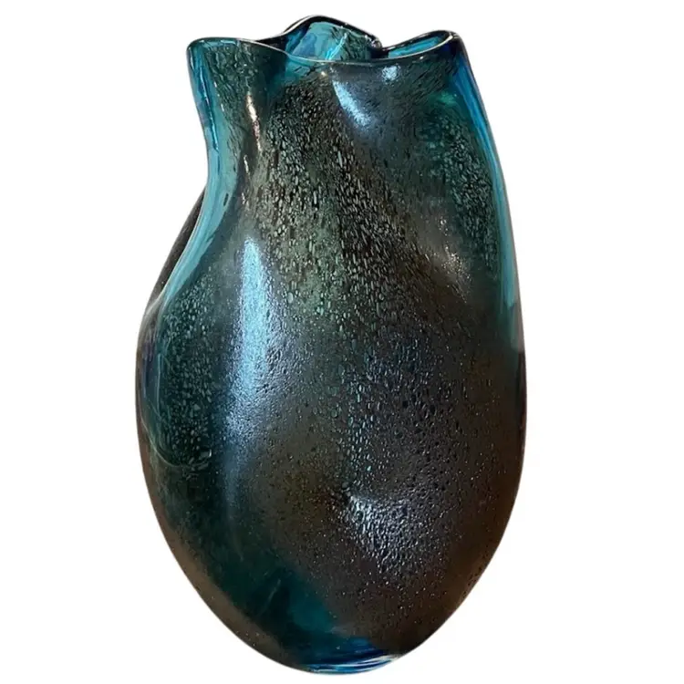 Art Glass Vase Pinched Blue Barbarico Design Textured Overlay Vintage Hand Blown