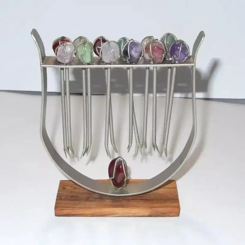 Vintage MCM Gemstone Cocktail, Appetizer Forks/Picks In Wood & Chrome Rack, Barware
