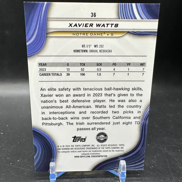 XAVIER WATTS Red Refractor /10 2024 Bowman University Best Notre Dame Irish