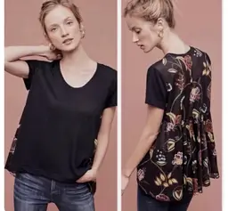 Anthropologie Deletta Silver Fern Small Black Floral Hi Lo Peplum Top