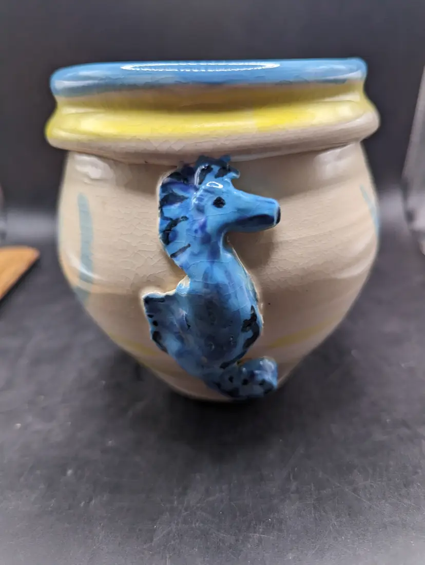 Vintage Studio Art Pottery Signed Pottery Girls Planter With 3D Seahorse Design