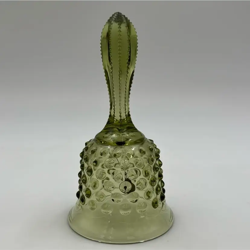 Vintage collectible avocado green Fenton hobnail colonial glass bell with clapper