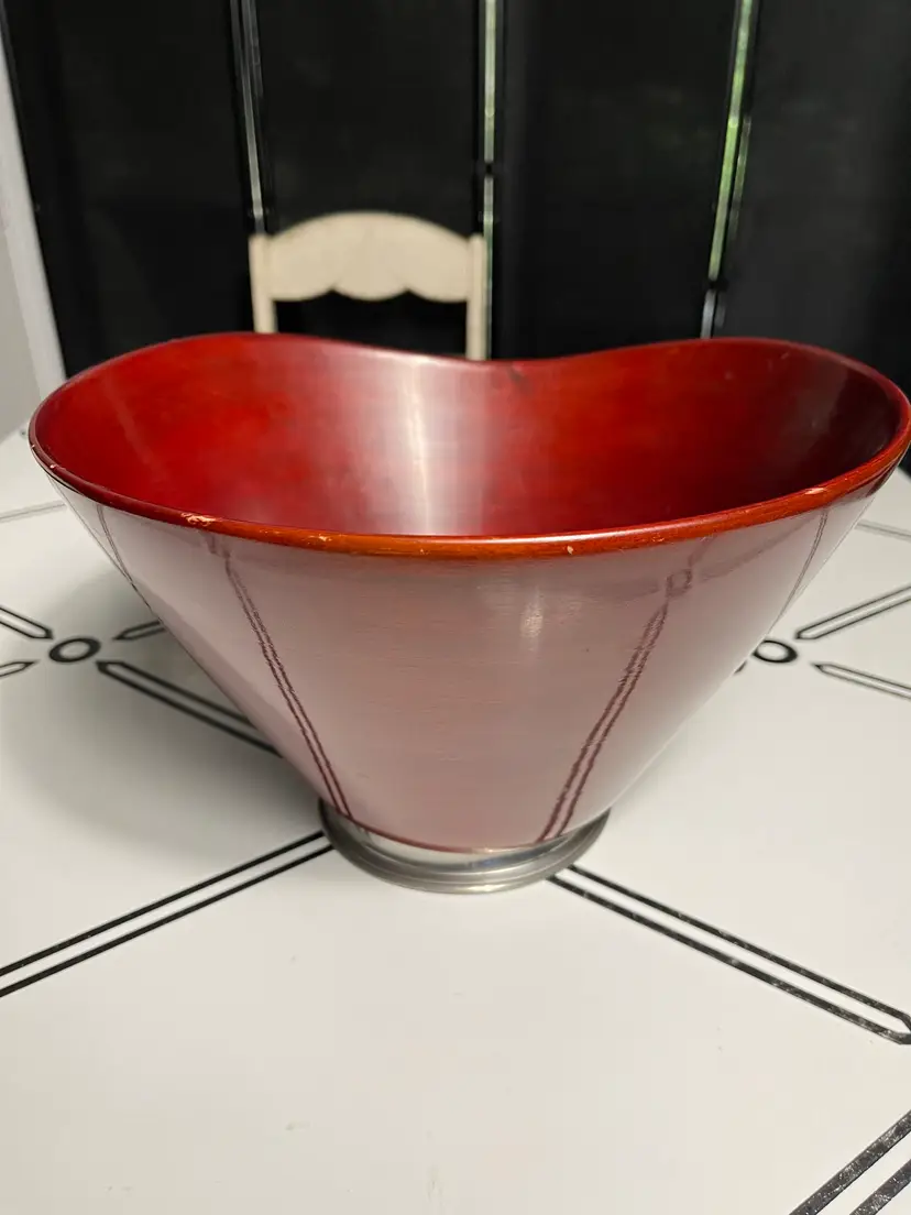 VTG MCM Mahogany & Pewter Bowl Modernist Style Home Decor Wood Design