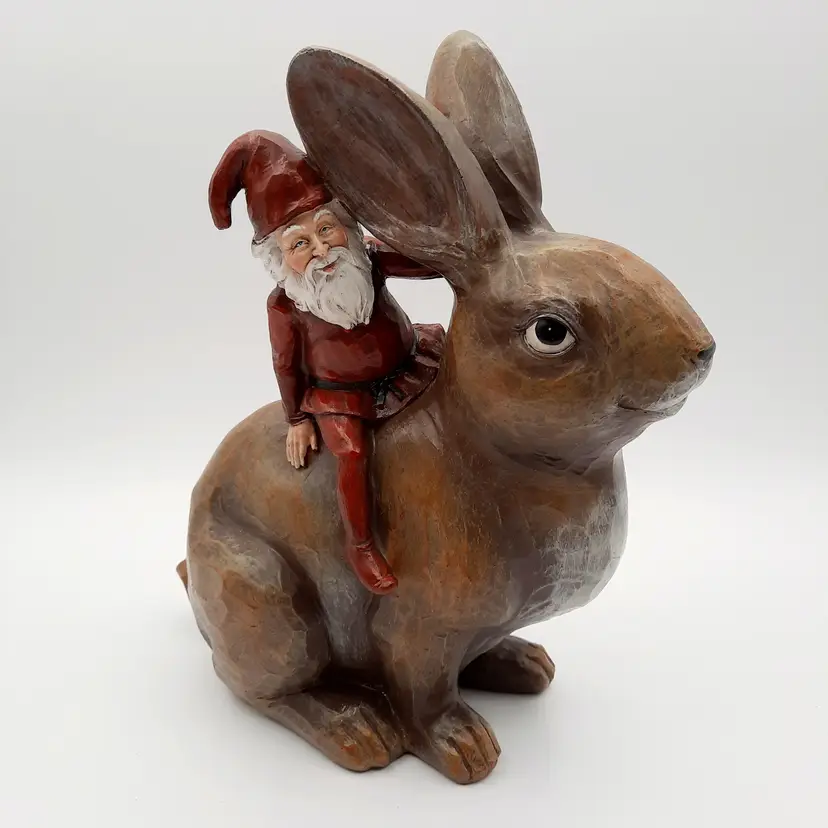Elf Gnome Santa Riding Bunny Rabbit Figurine