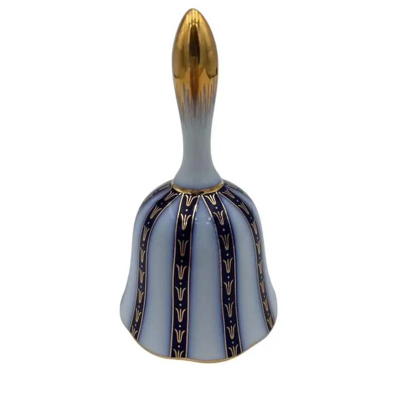 Sevres Style Porcelain Bell, White with Gold Gilt, Deep Blue Stripes