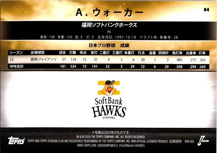 2024 Topps Stadium Club Adam Walker Fukuoka Softbank Hawks