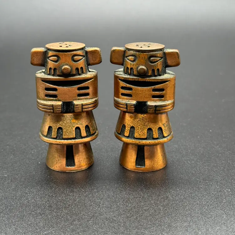 Metal Copper Salt and Pepper Shakers Inca Kachina Totem Native Eclectic