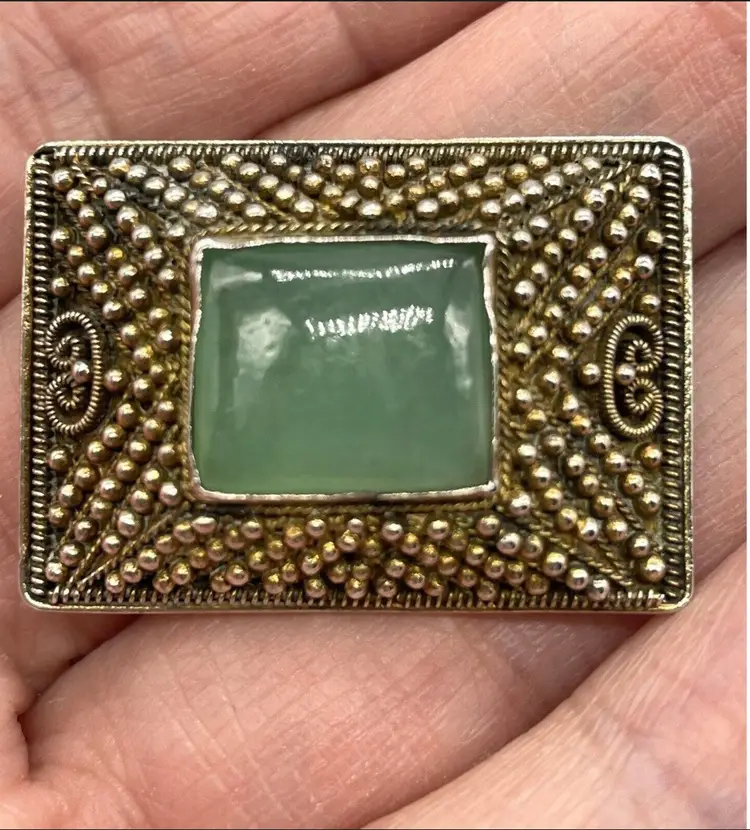 Sterling Silver Granulated Green Stone Brooch