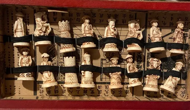 Vintage Chess Set Wooden Chest Box Complete Carved Resin Chinese Asian Oriental