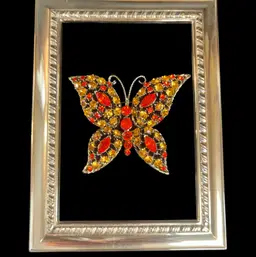 Gold Tone Setting w/ Orange & Amber Color Rhinestones Butterfly Brooch