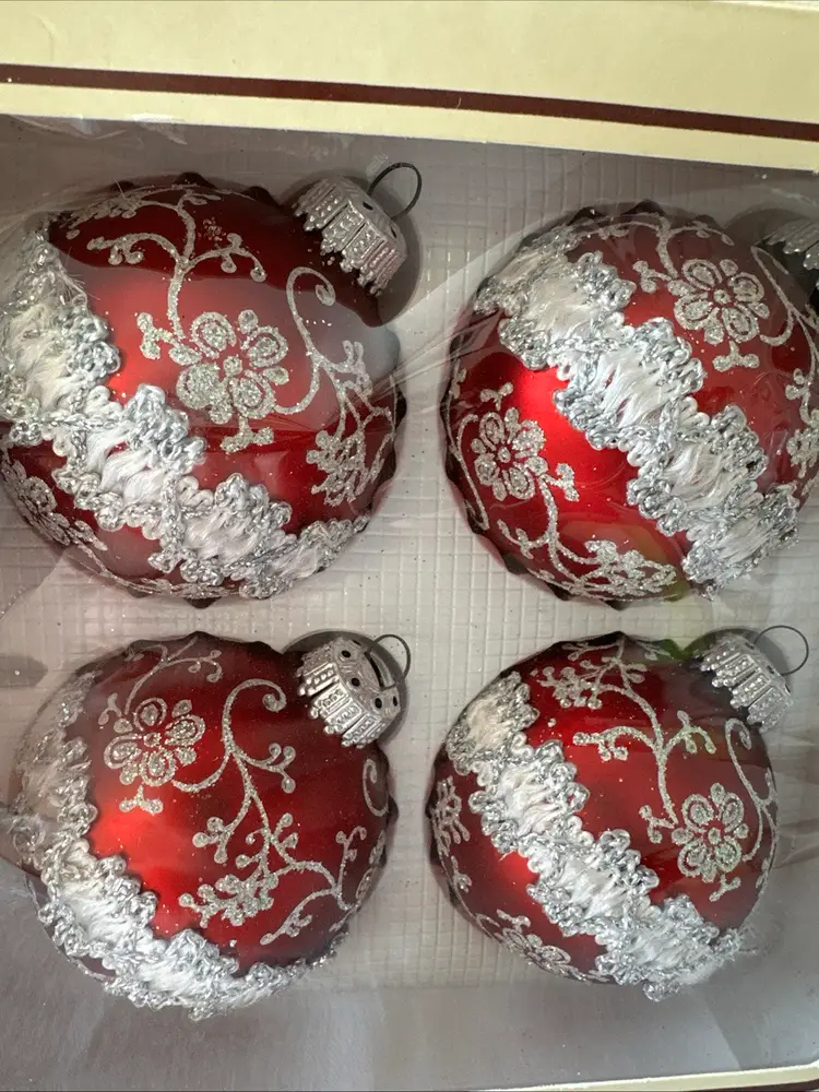 Vintage Christmas by Krebs Glass Ornaments Set Of 4 Red Hand Decorated