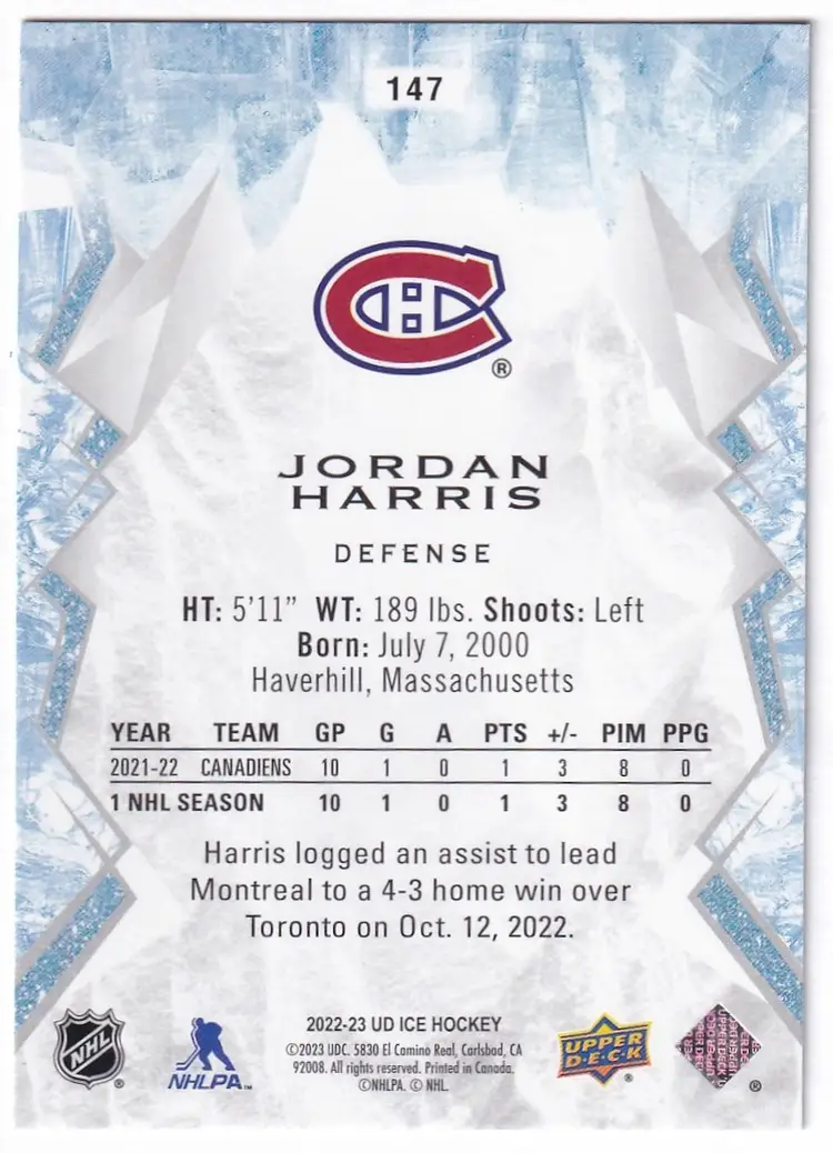 2022-23 Upper Deck Ice Green #147 Jordan Harris Montreal Canadiens Hockey Card