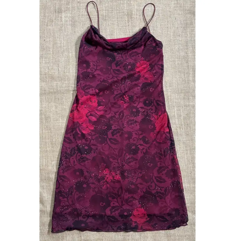 Vintage Deep Red Sparkly Floral Cowl Neck Dress Juniors Medium Goth Dark Romance