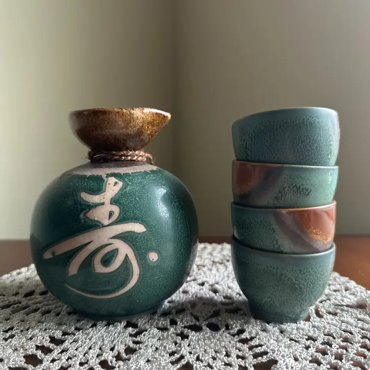 Vintage Green Sake Set Of 4 Made In Japan