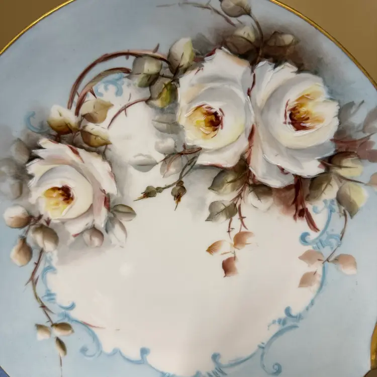 T & V Limoges France Cake Plate Hand-Painted Florals & Gold Handles 11”