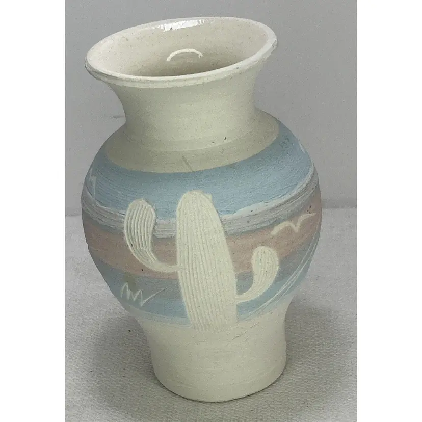 Vintage Handmade Saguaro Cactus Pink Blue Cream Pottery Vase ~Acevloza ~ Mexico