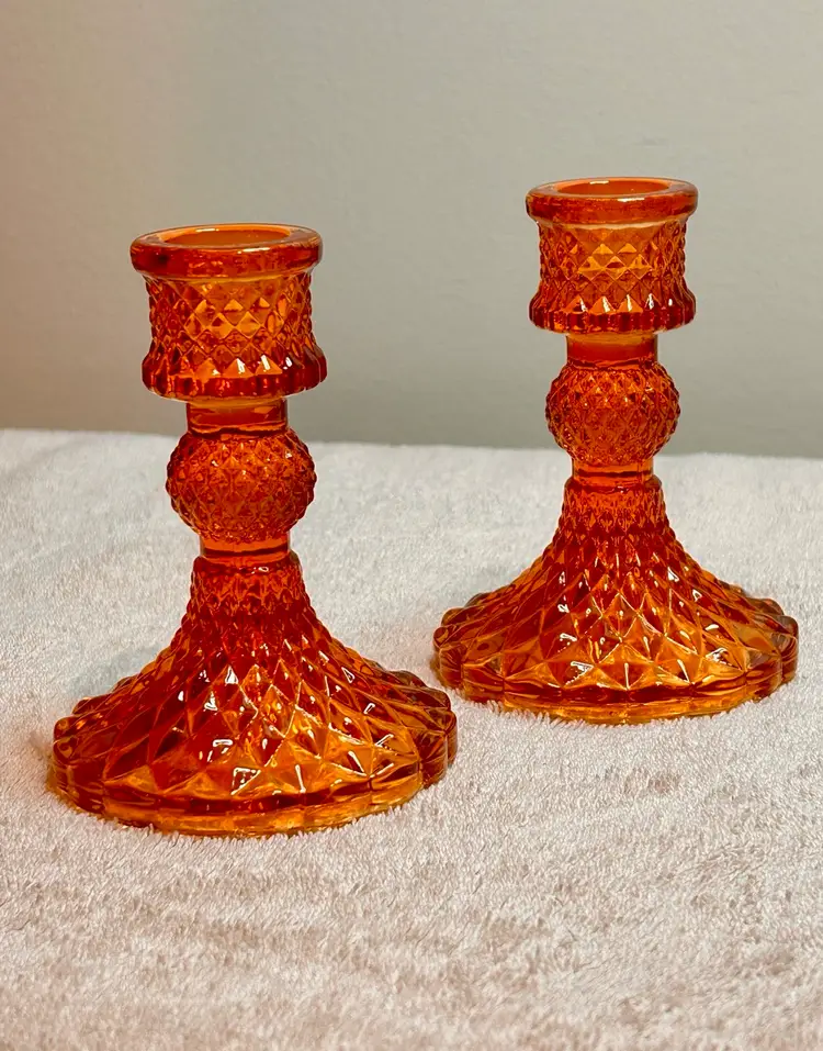 Annibells 2 Orange Vintage Harlequin Glass Candlestick Holders 4”x3”