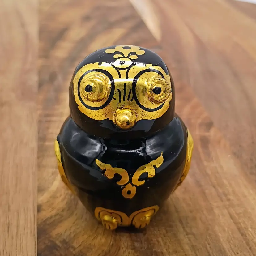 Vintage Burmese Lacquer Paper Mache Owl Trinket Box Black & Gold MCM