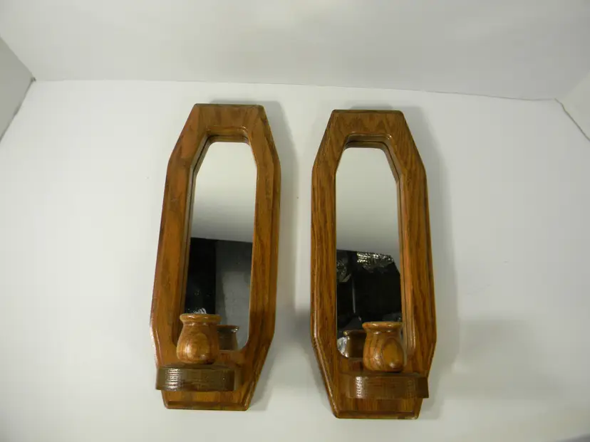 Oak Wood mirrored Wall Candle Holder Sconce Pair (Set of 2)