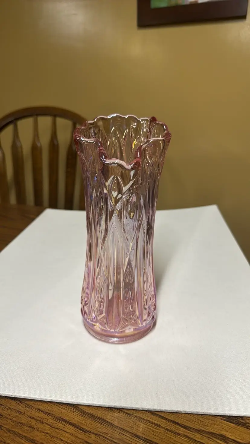 L E SMITH Pink Iridescent Glass Swung Vase 9.25" tall signed