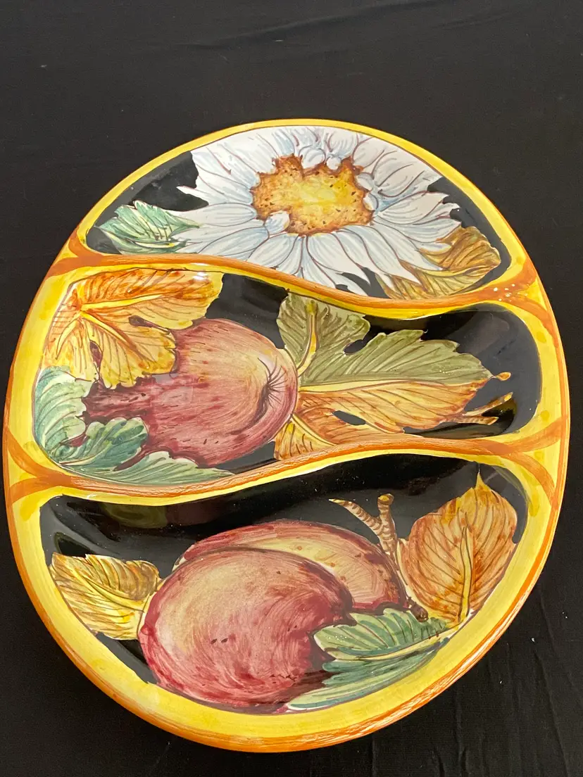 Hand Painted Italian Ceramic "Fruit on Black" Oval Platter by Caramiche Bellocci