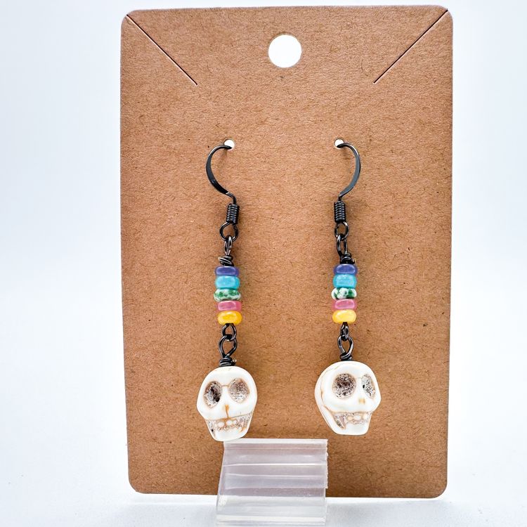 Skull Earrings Handmade Multicolor Stone Bead Accents 2"L
