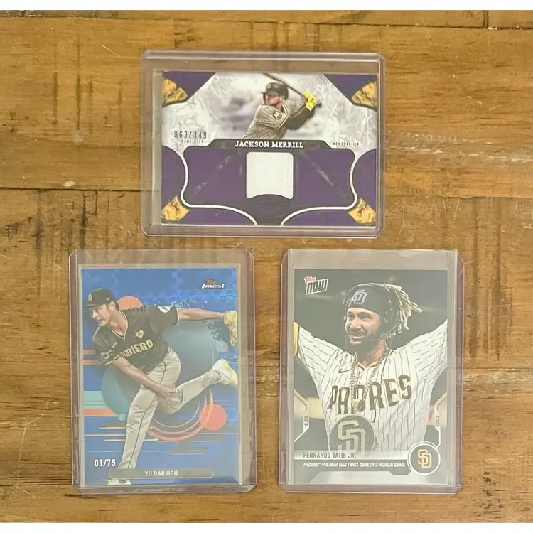 San Diego Padres Three-Card Lot: Jackson Merrill Patch /149, Yu Darvish /75, Fernando Tatis Topps Now Rookie Year