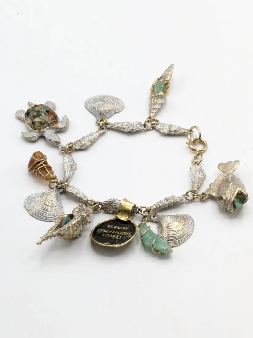 Vintage Sea Life Charm Bracelet with Semi-Precious Stones Gold Plated Summer Jewelry READ